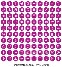 100 museum icons set in violet hexagon isolated vector illustration