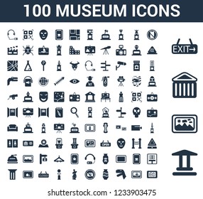 100 Museum universal icons set with Museum, Painting, Exit, No phone, Dinosaur, Vase, photo, Venus de milo