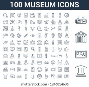 100 Museum universal linear icons set with Museum, Painting, Exit, No phone, Dinosaur, Vase, photo, Venus de milo