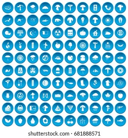 100 mushrooms icons set in blue circle isolated on white vector illustration