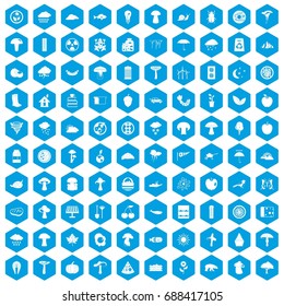 100 mushrooms icons set in blue hexagon isolated vector illustration