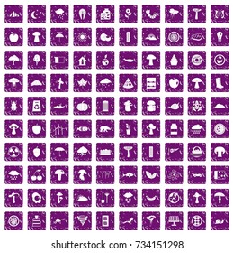 100 mushrooms icons set in grunge style purple color isolated on white background vector illustration