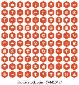 100 mushrooms icons set in orange hexagon isolated vector illustration