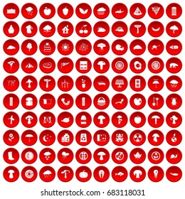 100 mushrooms icons set in red circle isolated on white vector illustration