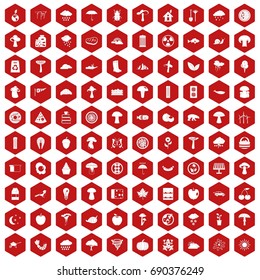 100 mushrooms icons set in red hexagon isolated vector illustration