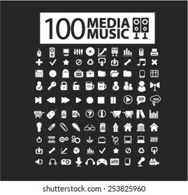 100 music, audio, media, video, movie isolated flat icons, signs, symbols illustrations, images, silhouettes on background, vector