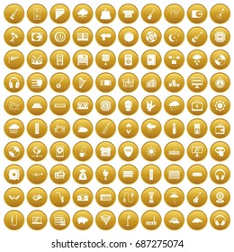 100 music festival icons set in gold circle isolated on white vectr illustration