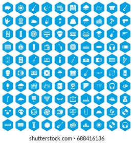 100 music festival icons set in blue hexagon isolated vector illustration