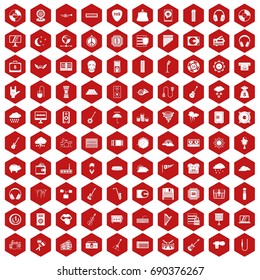 100 music festival icons set in red hexagon isolated vector illustration