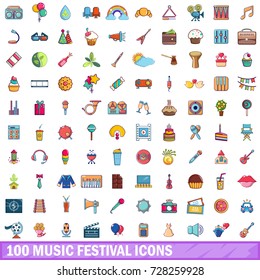 100 music festival icons set in cartoon style for any design vector illustration