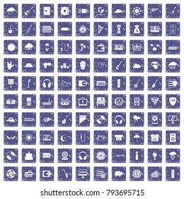 100 music festival icons set in grunge style sapphire color isolated on white background vector illustration