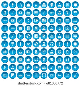 100 music icons set in blue circle isolated on white vector illustration