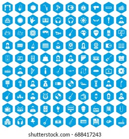 100 music icons set in blue hexagon isolated vector illustration