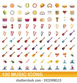 100 music icons, set. Cartoon illustration of 100 music icons, vector set isolated on white background