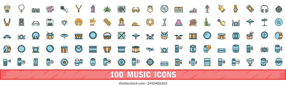 100 music icons set. Color line set of music vector icons thin line color flat on white