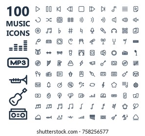 100 music icons set with guitar sound wave dj set music icons symbol concert musical instruments like ukulele saxophone trumpet piano and other music icons. Isolated music icons illustrations.