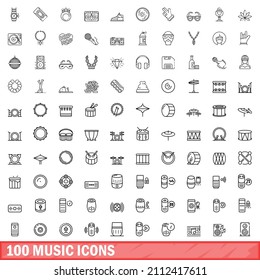 100 music icons set. Outline illustration of 100 music icons vector set isolated on white background