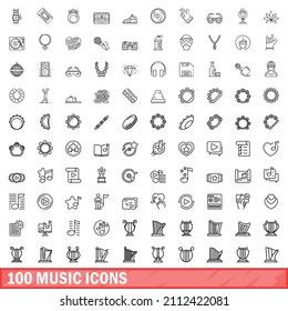 100 music icons set. Outline illustration of 100 music icons vector set isolated on white background