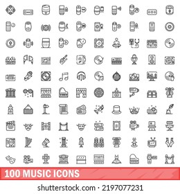 100 music icons set. Outline illustration of 100 music icons vector set isolated on white background