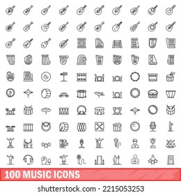 100 music icons set. Outline illustration of 100 music icons vector set isolated on white background