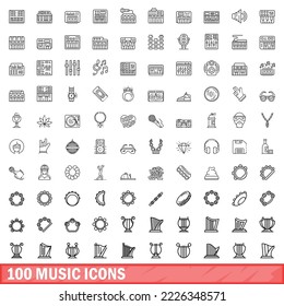 100 music icons set. Outline illustration of 100 music icons vector set isolated on white background