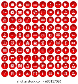 100 music icons set in red circle isolated on white vector illustration