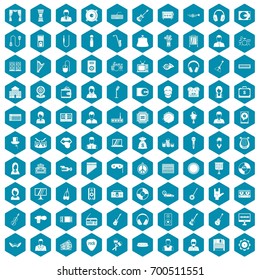 100 music icons set in sapphirine hexagon isolated vector illustration