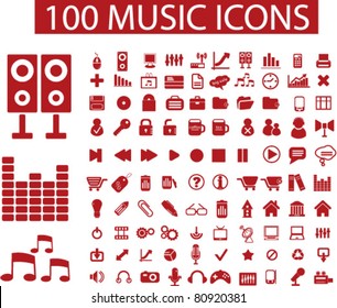 100 music icons, signs, vector illustrations