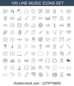 100 music icons. Trendy music icons white background. Included line icons such as equalizer, speaker, harmonic, bemol, international music, harmonica. music icon for web and mobile.