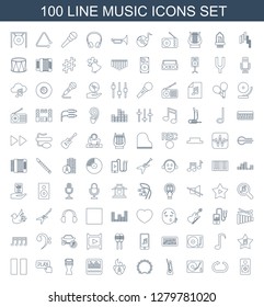 100 music icons. Trendy music icons white background. Included line icons such as loudspeaker, reload replay, gramophone, metronome, tambourine. music icon for web and mobile.