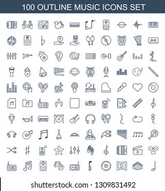 100 music icons. Trendy music icons white background. Included outline icons such as music note, harmonica, play, CD, radio, car speaker. icon for web and mobile.