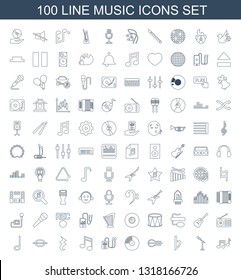 100 music icons. Trendy music icons white background. Included line icons such as note, microphone, bemol, musical instrument, disc on fire, mp player. music icon for web and mobile.