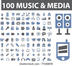 100 music & media icons, signs, vector illustrations