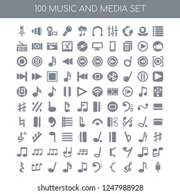 100 music and media universal icons pack with Dotted barline, Eighth note, Treble clef, Brace, Bass Sixteenth Quarter note rest