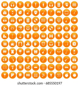 100 musical education icons set in orange circle isolated on white vector illustration