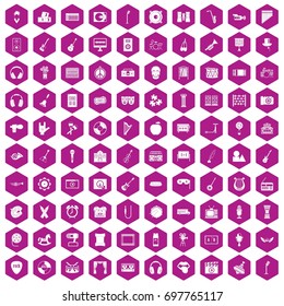 100 musical education icons set in violet hexagon isolated vector illustration