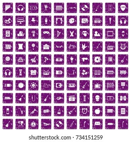 100 musical education icons set in grunge style purple color isolated on white background vector illustration