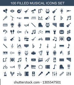 100 musical icons. Trendy musical icons white background. Included filled icons such as adjust, drum stick, microphone, loudspeaker, harmonic. musical icon for web and mobile.
