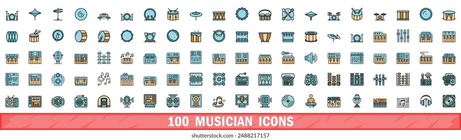 100 musician icons set. Color line set of musician vector icons thin line color flat on white