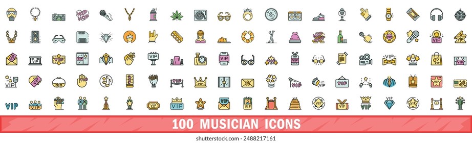 100 musician icons set. Color line set of musician vector icons thin line color flat on white