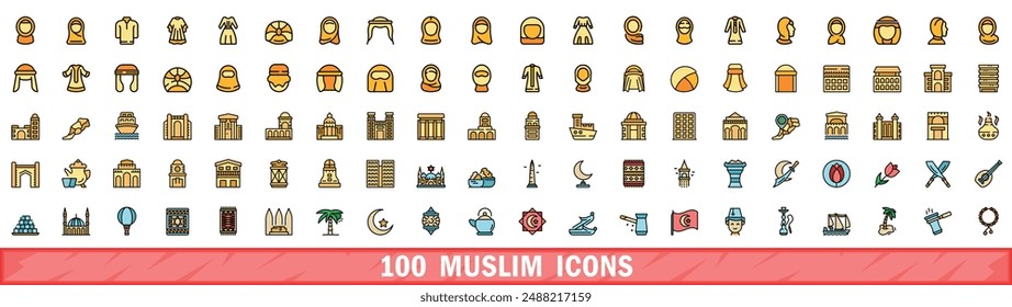 100 muslim icons set. Color line set of muslim vector icons thin line color flat on white