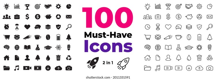 100 Must-Have Icons Pack. Flat and linear. Best for business, internet, science, education, ecology, e-commerce and many more spheres. 