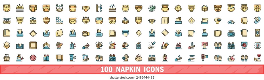 100 napkin icons set. Color line set of napkin vector icons thin line color flat on white