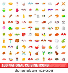100 national cuisine icons set in cartoon style for any design vector illustration
