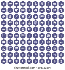 100 national flag icons set in purple hexagon isolated vector illustration