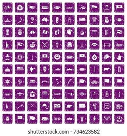 100 national flag icons set in grunge style purple color isolated on white background vector illustration