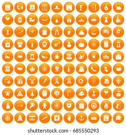 100 national holiday icons set in orange circle isolated on white vector illustration