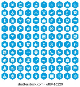 100 national holiday icons set in blue hexagon isolated vector illustration