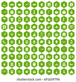 100 national holiday icons set in green hexagon isolated vector illustration