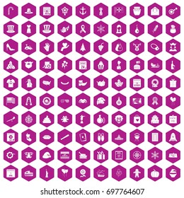 100 national holiday icons set in violet hexagon isolated vector illustration